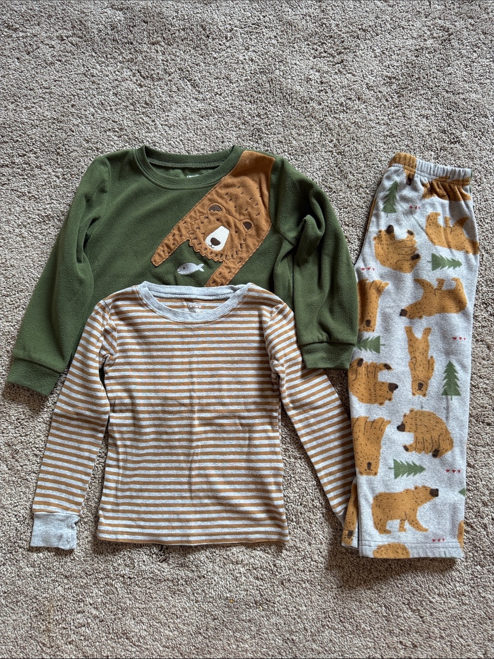 Carter's Green, Brown & Gray Bear Pajama Set - 3-Piece Cozy Sleepwear